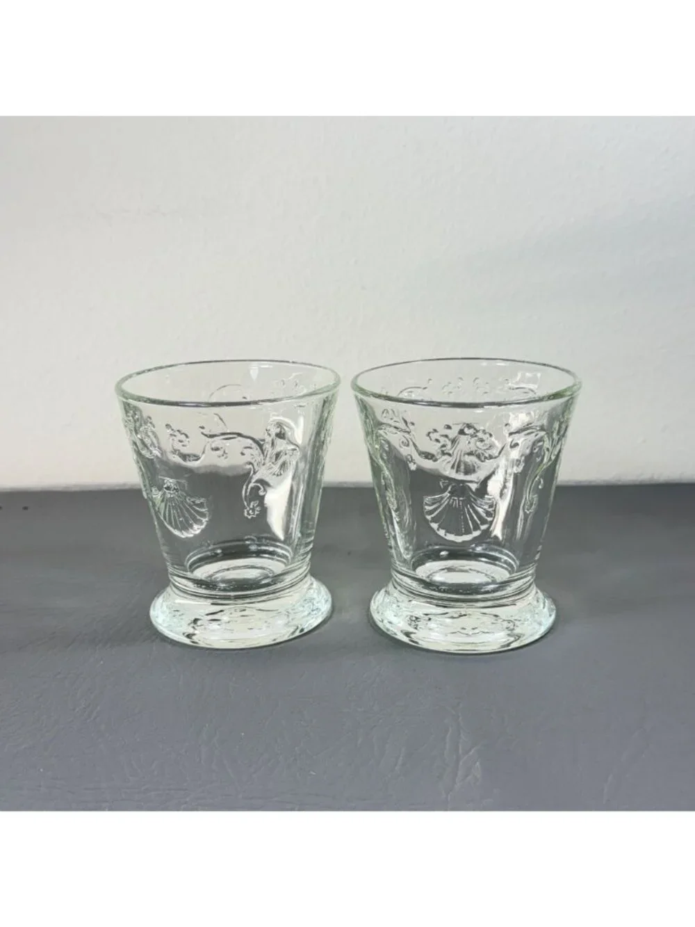 La Rochère France Clear Glass Mer Shell Footed Tumbler Juice Glasses Pair